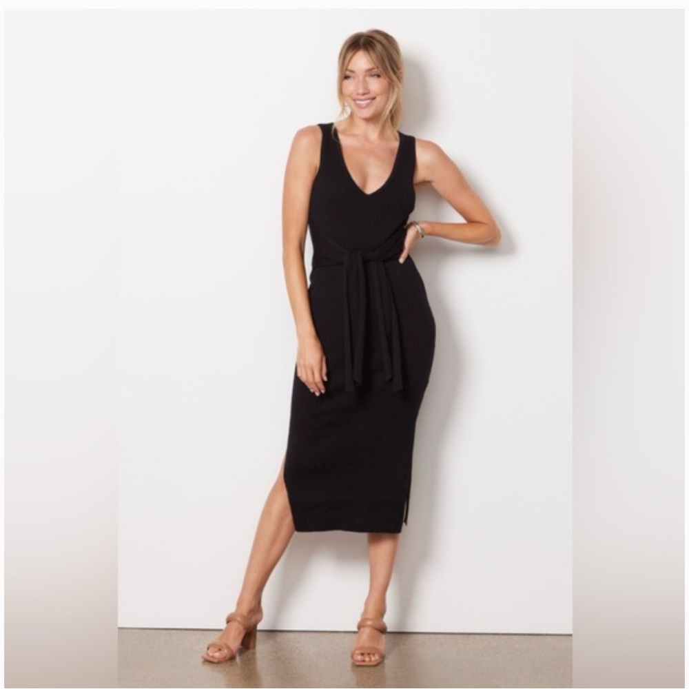 Good American Belted Ribbed Knit Sleeveless Midi Dress